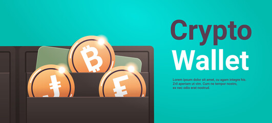 Poster - crypto wallet with golden coins cryptocurrency blockchain technology digital currency concept horizontal