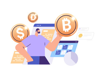 Poster - businessman holding golden crypto coin cryptocurrency mining virtual money digital currency blockchain