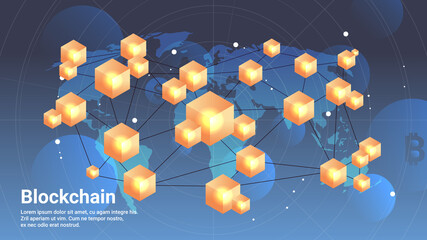 Poster - cryptocurrency blockchain technology virtual currency on world map horizontal copy space