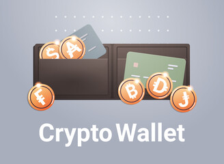 Poster - crypto wallet with golden coins cryptocurrency blockchain technology digital currency concept horizontal