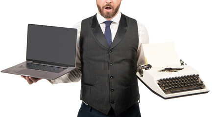 amazed cropped man showing computer and typewriter isolated on white, copy space, freelancer.
