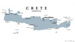 Crete, Greek island, gray political map, with capital Heraklion. Largest island of Greece and fifth largest in the Mediterranean Sea. With major Minoan settlements Knossos, Phaistos, Malia and Zakros.