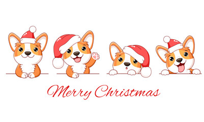 Wall Mural - Christmas set of cute corgi dog. Borders with kawaii welsh corgi puppy in Santa hats. Xmas collection of dogs with different emotion - funny, happy, surprised, sticking out tongue. Vector EPS8