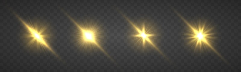 Fototapete - Flare with golden rays of light and magic sparkles. Bright Star. Abstract golden rays will raise. Transparent glitter gradient gloss, bright flash. Gold shining sun with transparent rays. Vector.