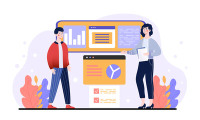 Aufkleber - user interface optimization. employees developing concept of page design. website tab for computer. 