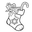 Coloring Page Outline Of cartoon christmas boot or sock with gifts and sweets. Christmas. New year. Coloring Book for kids.