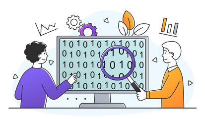 Poster - concept of big data analysis. men with magnifying glass study binary code. employees work with infor