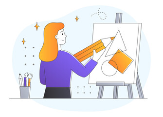 Poster - woman draws with pencil on easel. design concept, drawing from simple shapes. creative or educationa