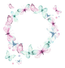 Watercolor Colorful Butterflies Wreath, Isolated Butterfly On White Background. Blue, Yellow, Pink And Red Butterfly Spring Illustration.
