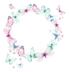 Watercolor colorful butterflies wreath, isolated butterfly on white background. blue, yellow, pink and red butterfly spring illustration.