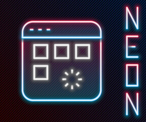 Poster - Glowing neon line Loading a data window with a progress bar icon isolated on black background. Colorful outline concept. Vector
