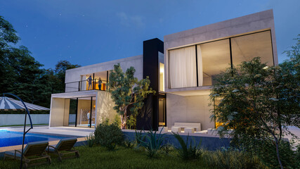 Wall Mural - Big contemporary villa with garden and swimming pool in the evening