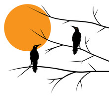 Birds Silhouettes On Branch On Sunset, Vector. Minimalist Nature Poster Design, Illustration. Wall Decals, Wall Art, Artwork