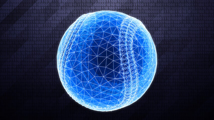 Wall Mural - 3D mesh of a baseball isolated on dark hi-tech background in binary cyberspace. 3D illustration.