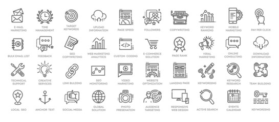 Outline web icons set - Search Engine Optimization. Thin line web icon collection.