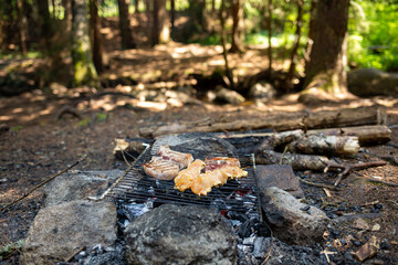 Poster - Meat cooking on a campfire in a forest