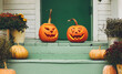 © JenkoAtaman - House with halloween orange pumpkin decoration, jack o lanterns with spooky faces on porch