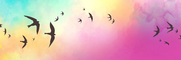 Black bird silhouettes on sunset sky background, birds sketch in black outlines flying in sunset clouds, flock of birds, colorful blue yellow pink and purple clouds, beautiful sunset colors in nature