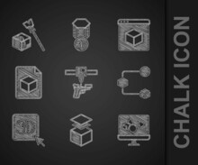 Set 3D Printer Gun, Layers, Software, Isometric Cube, File, And Icon. Vector