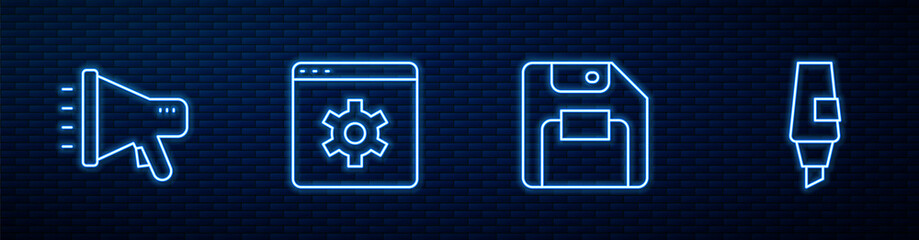 Poster - Set line Floppy disk, Megaphone, Browser setting and Marker pen. Glowing neon icon on brick wall. Vector