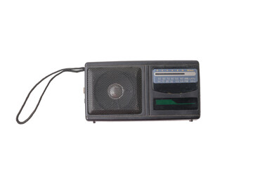 Antique radio receiver with a rope handle isolated on a white background.