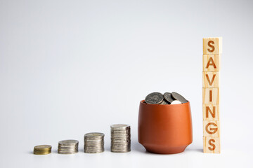 concept of saving money, investing, and interest in the future. Piggy bank and coins isolated on the background. Represents planning and management finances for growth of account funds.