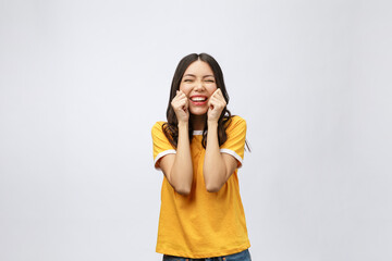 Wall Mural - Happy young asian woman with blank copy space area for text or slogan,Closeup portrait of beautiful Asian woman,girl,Positive human emotion facial expression,isolated on white background