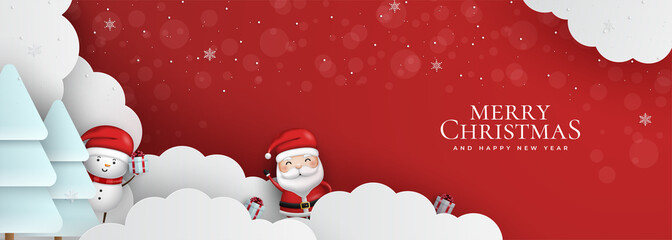 merry christmas banner, xmas party with gifts box, tree, snowman and santa claus. horizontal christm