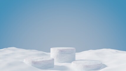 Fototapete - White cylider snow podium and winter landscape with blue sky. Minimal mock up product background for Christmas and winter holiday concept.3d render illustration.