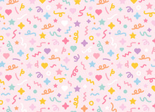 A Pattern Composed Of Confetti And Cute Shapes Randomly On A Pink Background. Simple Pattern Design Template.