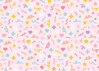 a pattern composed of confetti and cute shapes randomly on a pink background. simple pattern design 