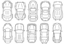 Vehicles For Planing Architectural Entourage. Set Of Sedan Cars In Top View Outline Icon. City Transport In Above View. Vector Automotive Collection.  