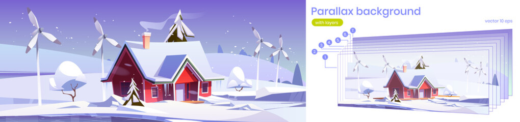 Poster - parallax background winter 2d landscape with house and wind turbines. cartoon vector scene with sepa