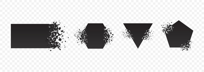 Shape explosion broken and shattered flat style design vector illustration set isolated on transparent background. Rhombus, hexagon, triangle, pentagon shape in grayscale gradient exploding demolition