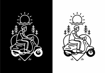 Wall Mural - Black and white color of man riding scooter line art