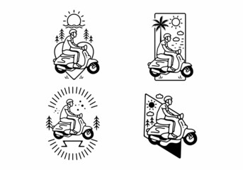 Wall Mural - Black and white color of man riding scooter line art