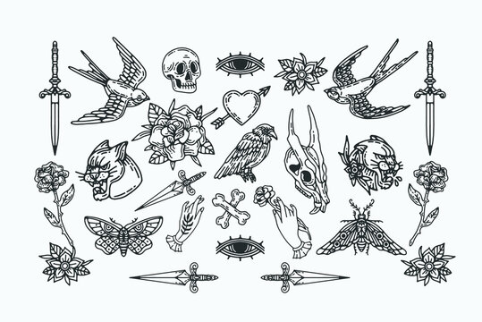 vector flash sheet illustrations in old school traditional style. black and white hand drawn isolate