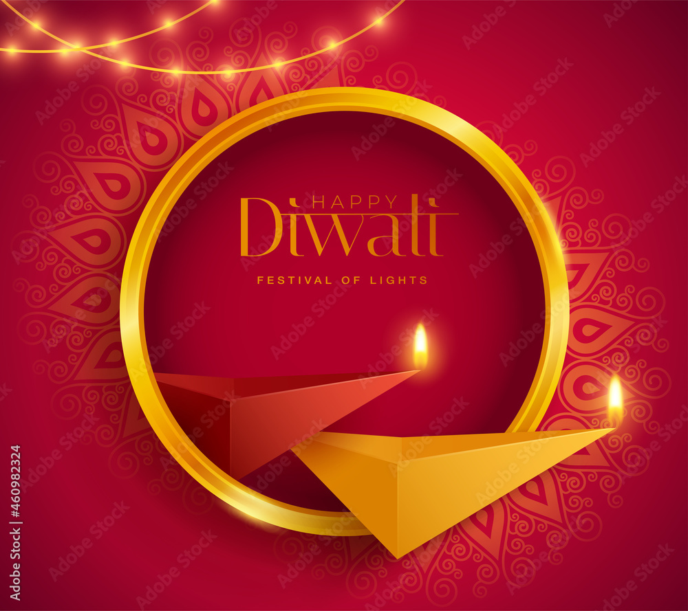 Happy Diwali. Polygonal Indian Diya oil lamp design with round border ...