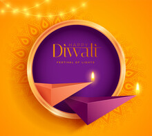 Happy Diwali. Polygonal Indian Diya Oil Lamp Design With Round Border Frame. The Festival Of Lights.