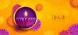 Happy Diwali. Paper graphic of Indian Diya oil lamp design with round border frame on Indian festive theme big banner background. The Festival of Lights.