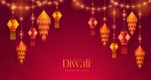 Happy Diwali. Group Of Paper Graphic Indian Lantern On Indian Festive Theme Big Banner Background. The Festival Of Lights.