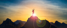 Silhouette Of Businessman Celebrating Raising Arms On The Top Of Mountain With Over Blue Sky And Sunlight.concept Of Leadership Successful Achievement With Goal,growth,up,win And Objective Target.