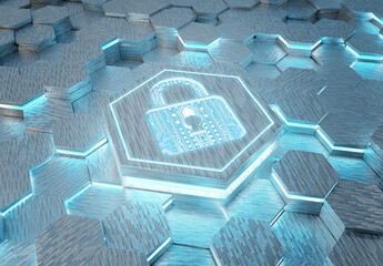 Fototapete - Web security icon concept engraved on metal hexagonal pedestral background. Padlock Logo glowing on abstract digital surface. 3d rendering