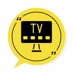 Poster - Black Smart Tv icon isolated on white background. Television sign. Yellow speech bubble symbol. Vector