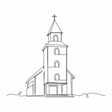 Continuous One Line Drawing Of Architecture Church Religion Concept Icon In Silhouette On A White Background. Linear Stylized.