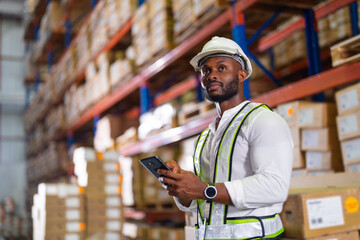 Wall Mural - Warehouse worker working process checking the package with a tablet in a large distribution center. an African male supervisor inspects cargo delivery status.