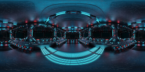 HDRI panoramic view of dark blue spaceship interior with windows. High resolution 360 degrees panorama reflection mapping of a futuristic spacecraft 3D rendering