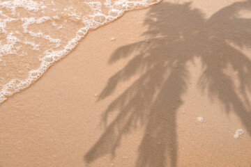 Wall Mural - Summer beach day scene with tropical palm leaves shadow on sand background. Minimal sunlight tropical flat lay arrangement.
