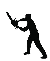 Wall Mural - Lumberjack with chainsaw vector silhouette illustration isolated on white. Woodpecker on duty. Logger worker. Lumberman in action. Woodcutter man with saw. Forester worker. Industrial wood work