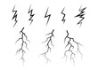 Lightning, electrostatic discharge during thunder bolt, different black line. Collection of natural phenomena of lightning or thunder. Vector illustration